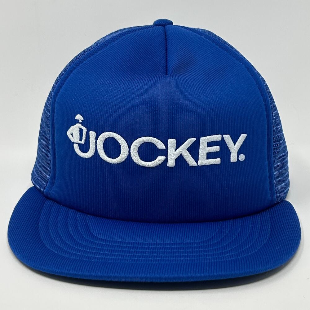 Vintage 80s Jockey Brand Trucker Hat Baseball Cap Blue Logo Snapback Foam Front